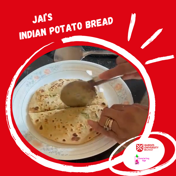 Red background thumbnail including photo of some Indian potato bread being cut